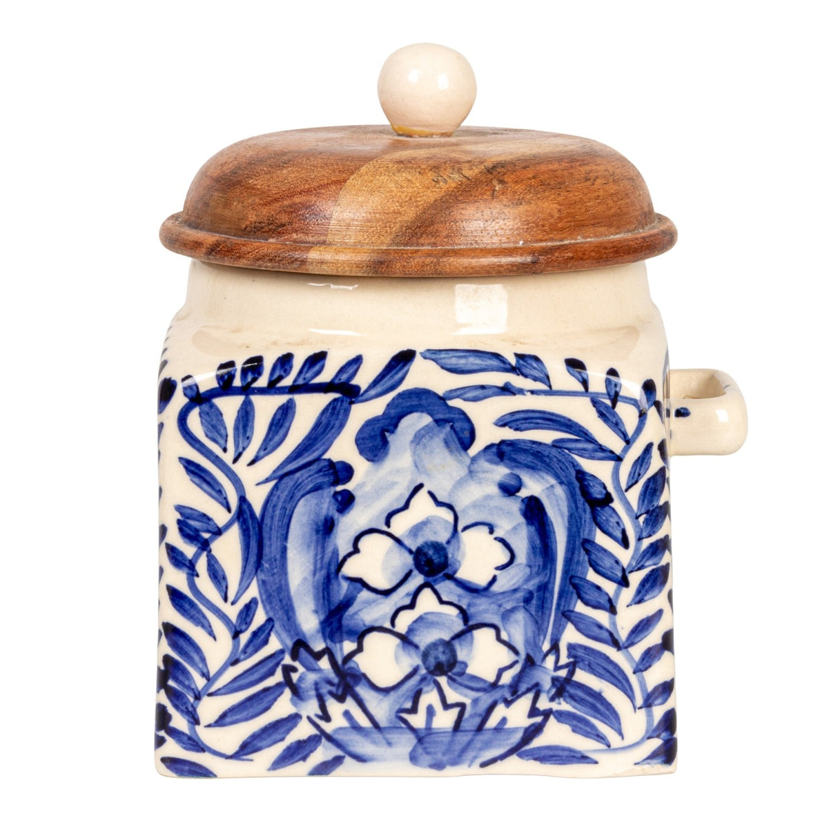 Hand-Painted Blue & Cream Stoneware Canister with Acacia Lid & Spoon
