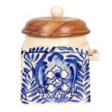 Hand-Painted Blue & Cream Stoneware Canister with Acacia Lid & Spoon