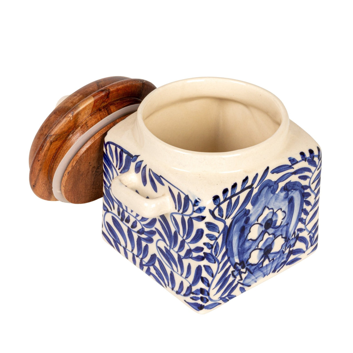 Hand-Painted Blue & Cream Stoneware Canister with Acacia Lid & Spoon