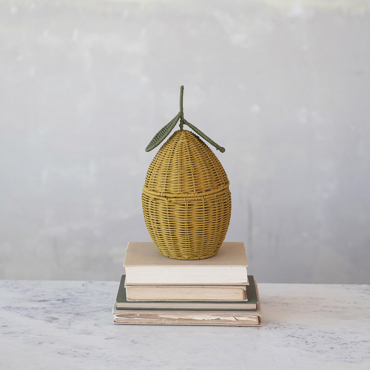 Hand-Woven Yellow Rattan Lemon Shaped Basket with Lid