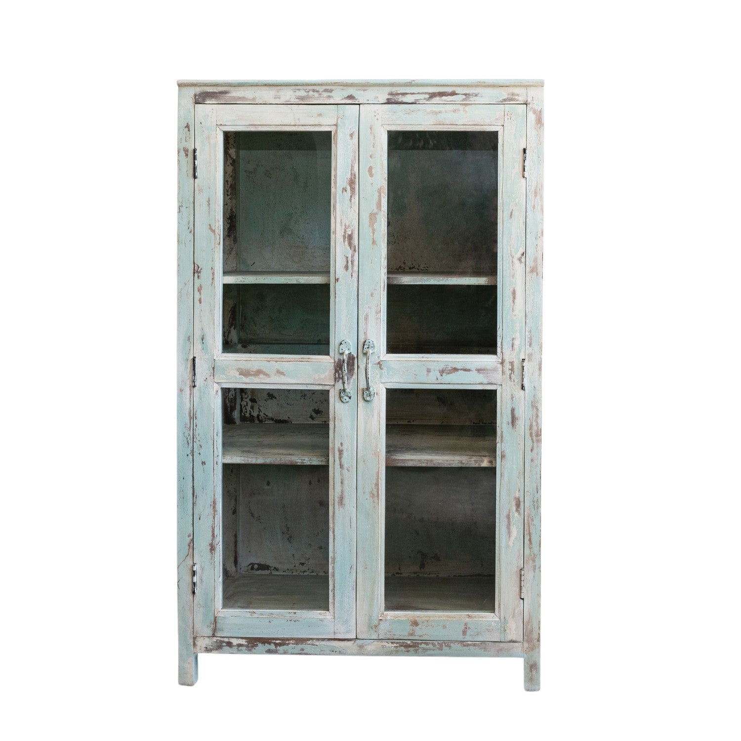 Vintage-Style Distressed Blue Mango Wood & Glass Cabinet | 2-Door