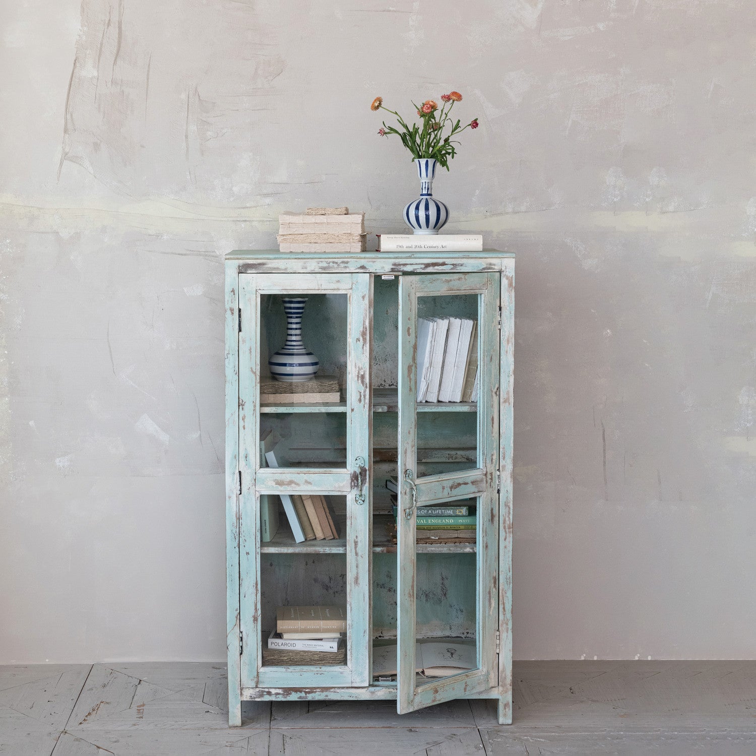 Vintage-Style Distressed Blue Mango Wood & Glass Cabinet | 2-Door