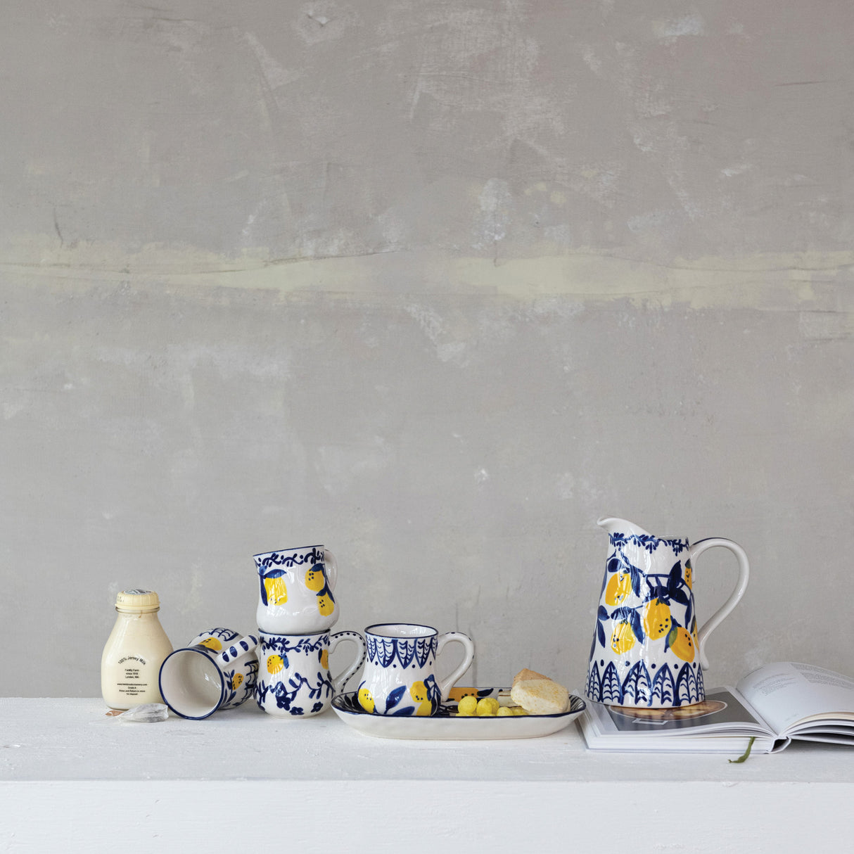 Hand-Painted Stoneware Blue & Yellow Lemon Pitcher