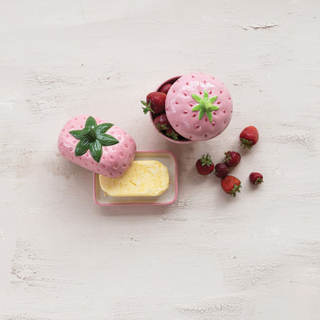 Hand-Painted Ceramic Strawberry Jar with Lid