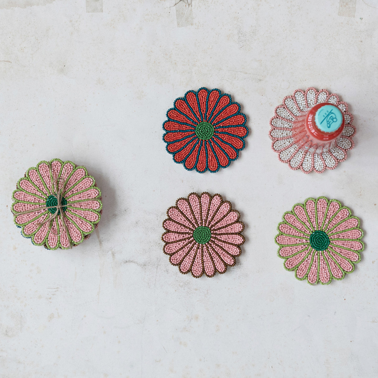 Handmade Glass Beaded Flower Drink Coasters Tied with Jute | Set of 4