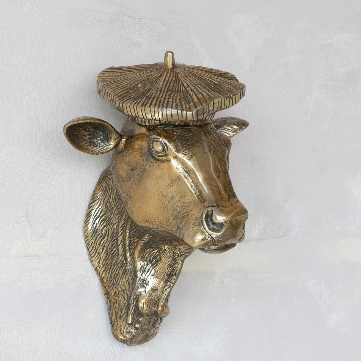 Antique Gold Aluminum Cow Head Wall Décor with Beret