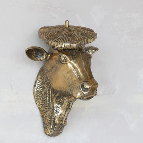 Antique Gold Aluminum Cow Head Wall Décor with Beret