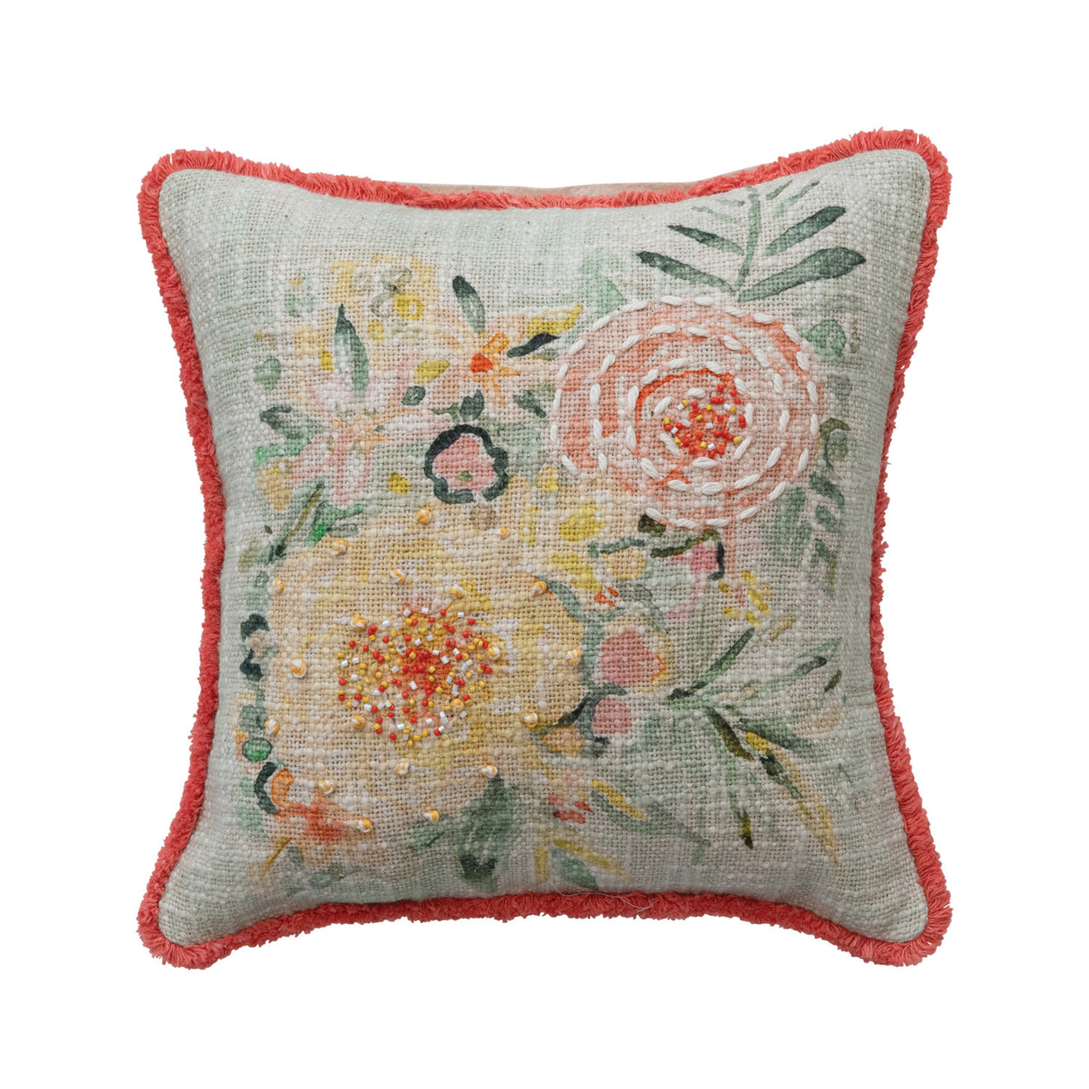 Embroidered Flower Cotton Slub Square Pillow with Pink Eyelash Fringe