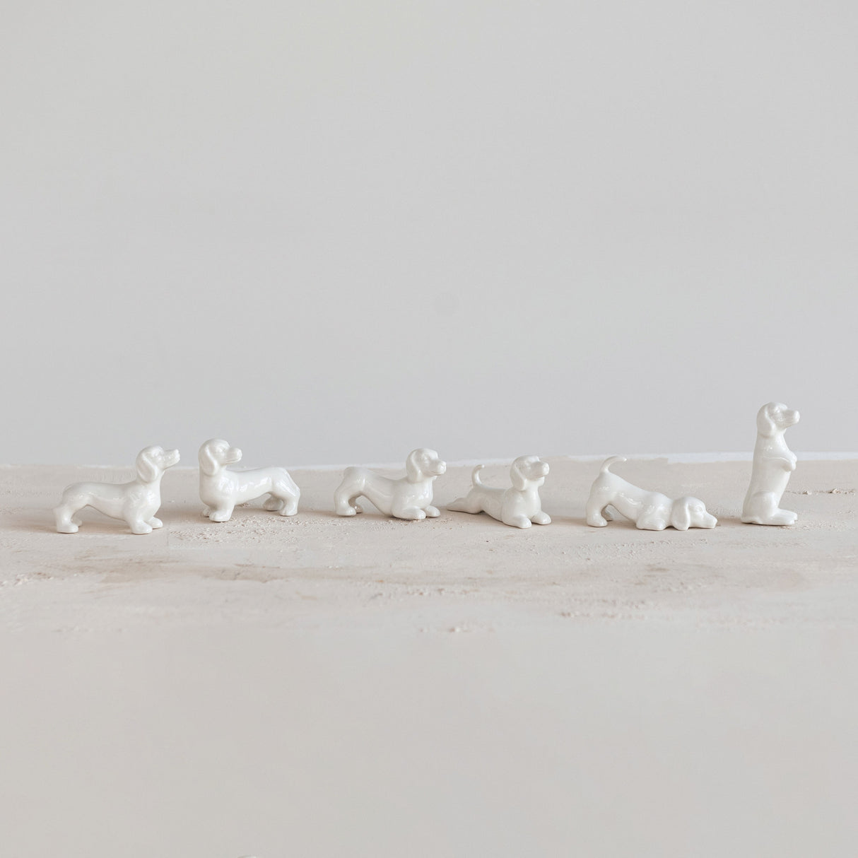 White Ceramic Stoneware Dachshund Figurines | Boxed Set of 6