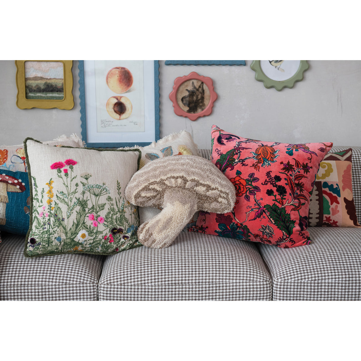 Square Floral Pink Velvet Throw Pillow with Chambray Back