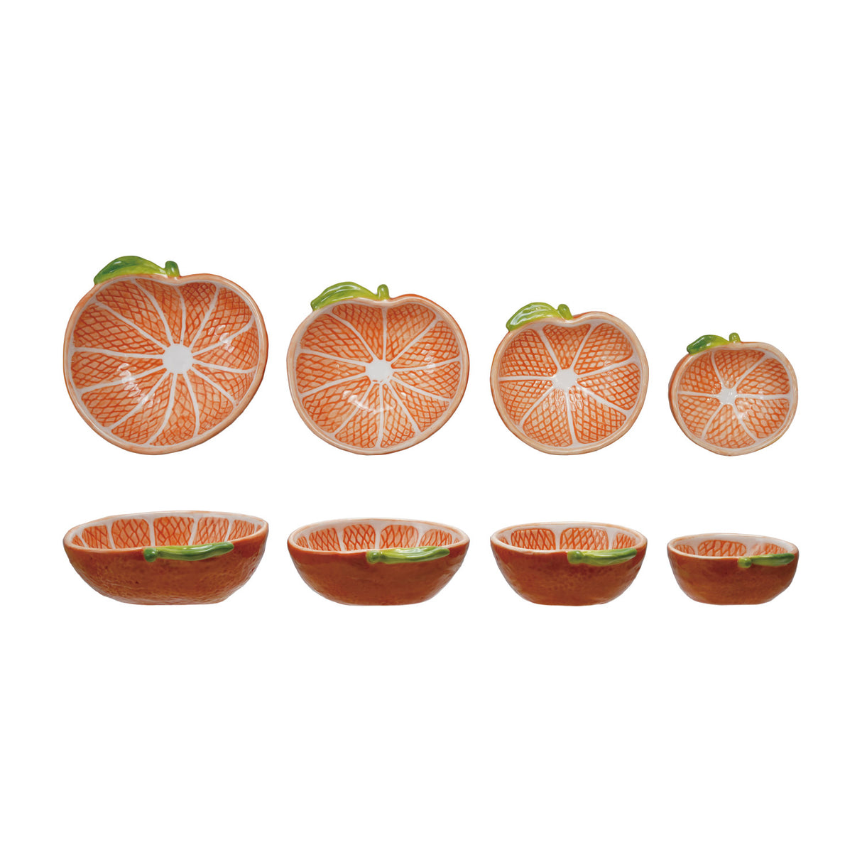 Set of four clementine-shaped measuring cups with hand-painted orange, white, and green details.