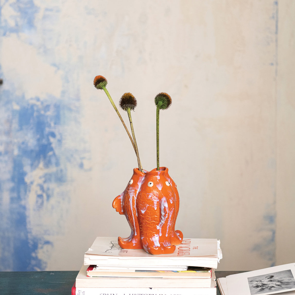 Orange & White Stoneware Koi Fish Shaped Vase
