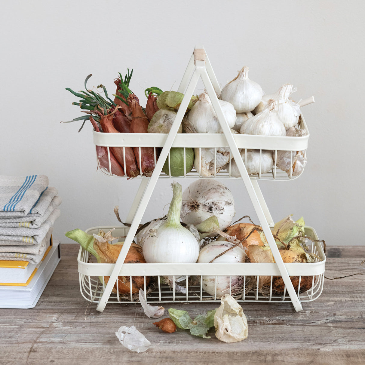 White Metal 2-Tier Wire Tray Baskets with Rattan Wrapped Handle