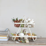 White Metal 2-Tier Wire Tray Baskets with Rattan Wrapped Handle