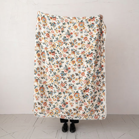 Floral Woven Cotton Throw Blanket with Sherpa Back