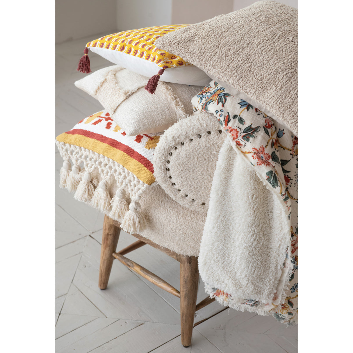 Floral Woven Cotton Throw Blanket with Sherpa Back