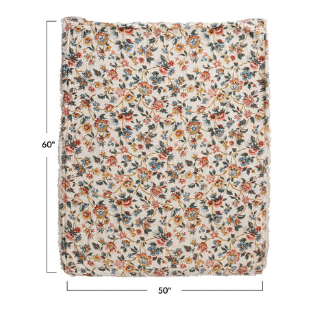 Floral Woven Cotton Throw Blanket with Sherpa Back