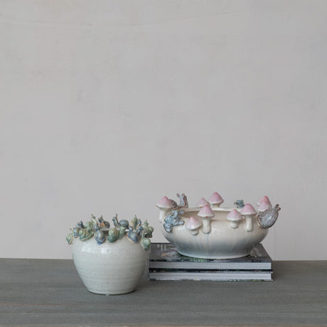Woodland Ceramic Planter with 3D Frogs, Snails & Mushrooms