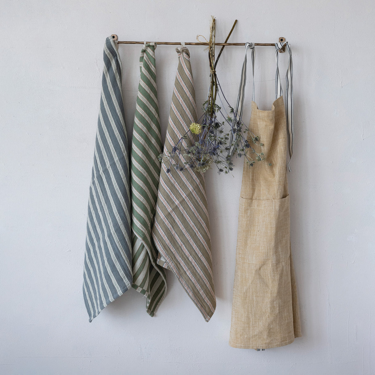 Beige Cotton Kitchen Apron with Striped Straps