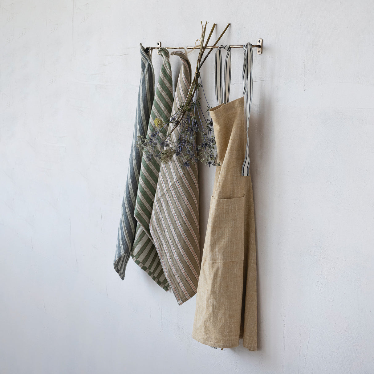 Beige Cotton Kitchen Apron with Striped Straps
