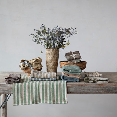 Beige Cotton Kitchen Apron with Striped Straps