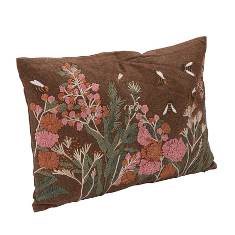 Embroidered Wildflower & Bee Lumbar Pillow