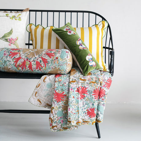 Embroidered Butterfly Green Velvet Lumbar Pillow