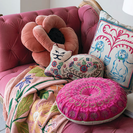Embroidered Botanical Cat Velvet Accent Pillow