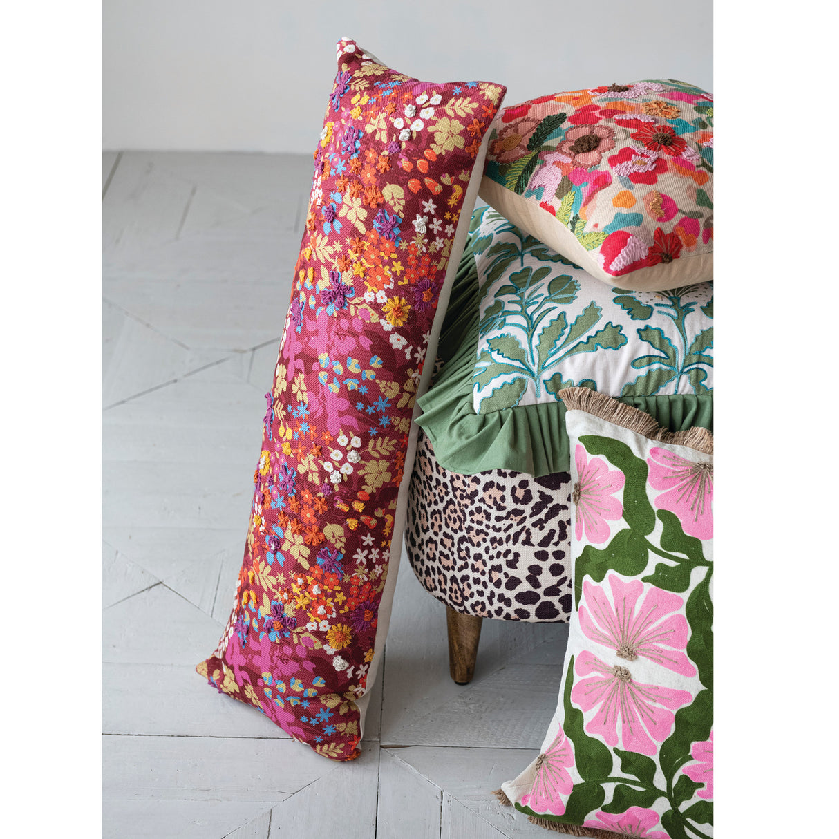 Embroidered Floral Throw Pillow