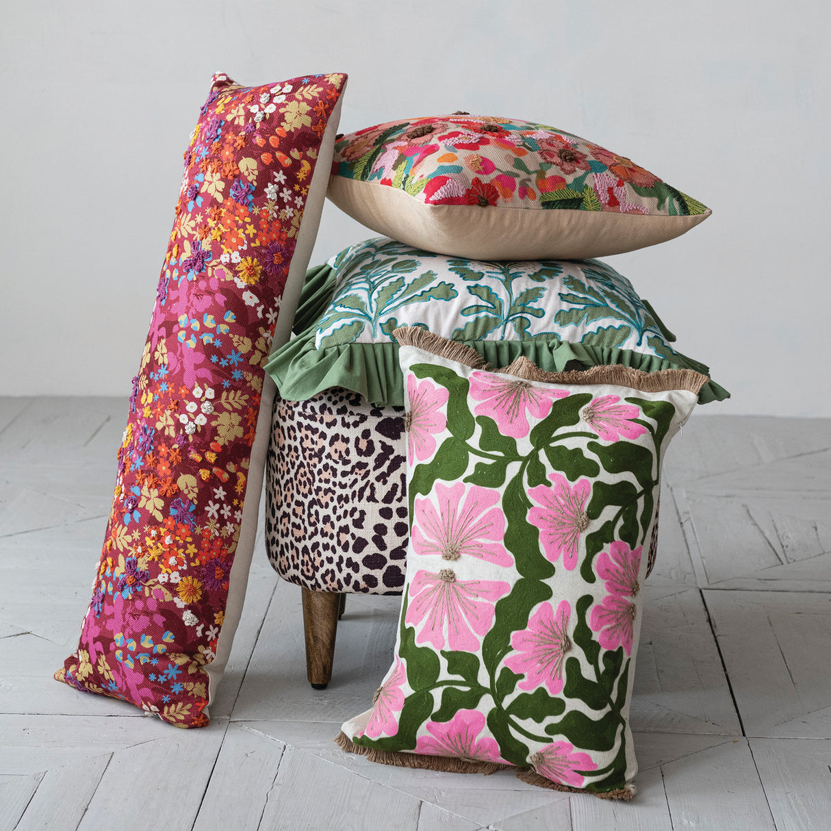 Embroidered Floral Throw Pillow
