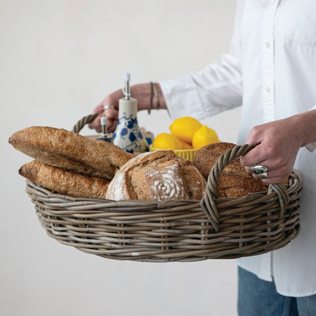 Grey Washed Rattan Serving Tray with Handles