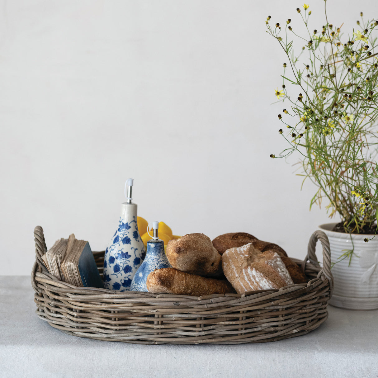 Grey Washed Rattan Serving Tray with Handles
