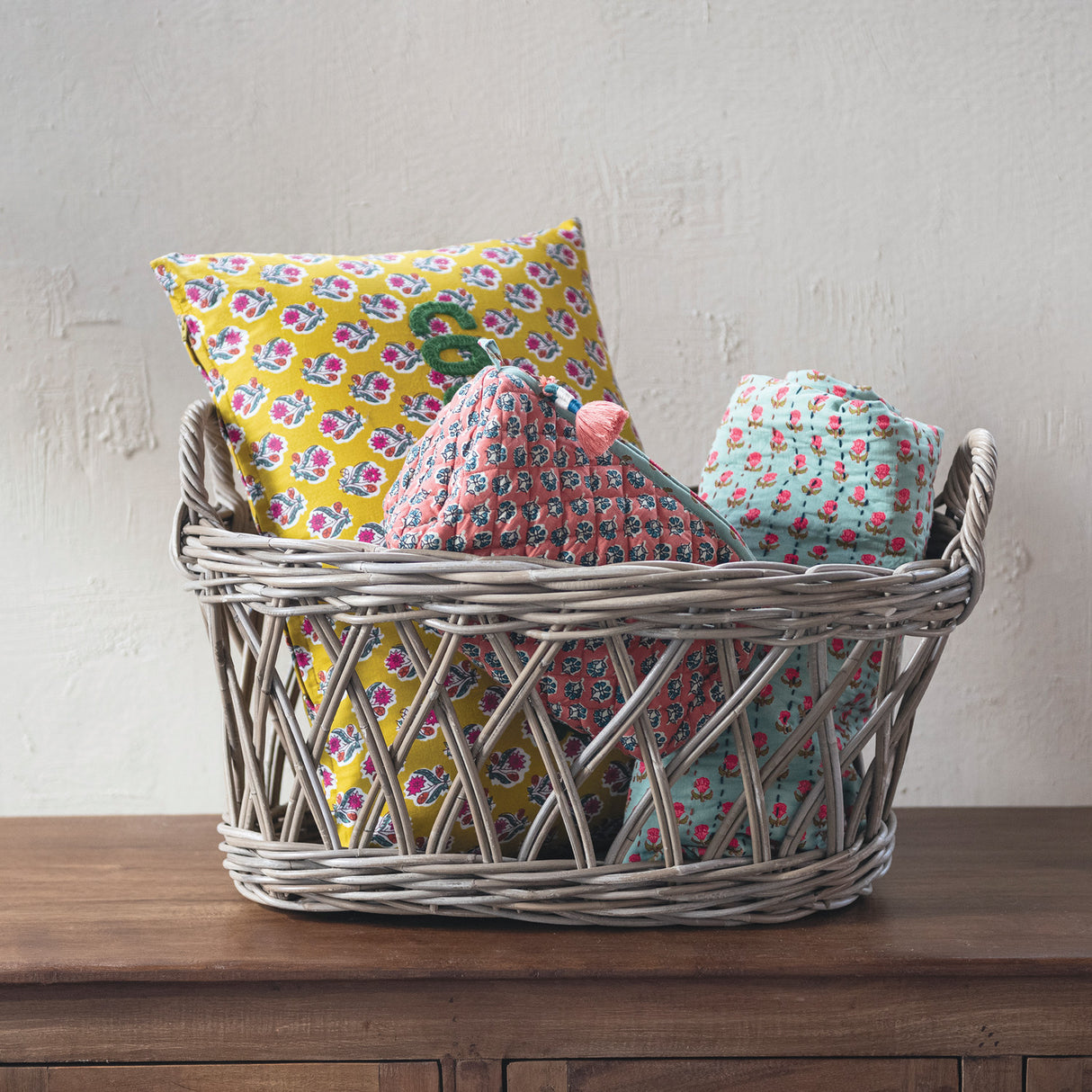 Grey Washed Rattan Oval Basket with Handles