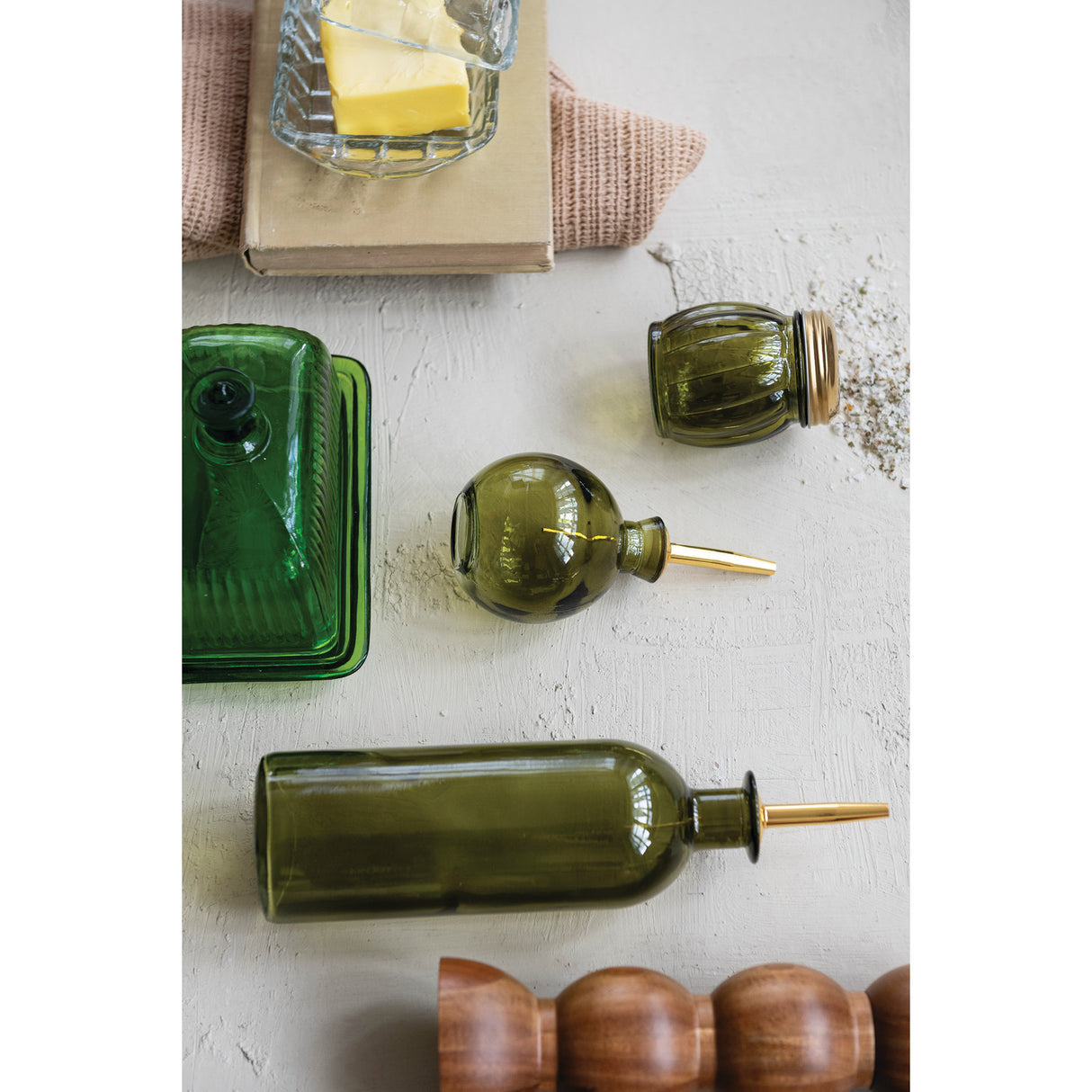 Olive Glass Cheese & Spice Shaker with Gold Lid