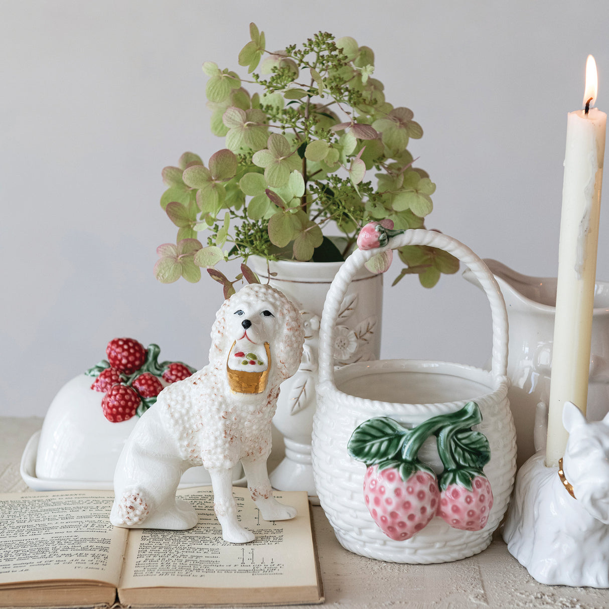 Staffordshire Vintage-Inspired Poodle Figurine with Basket