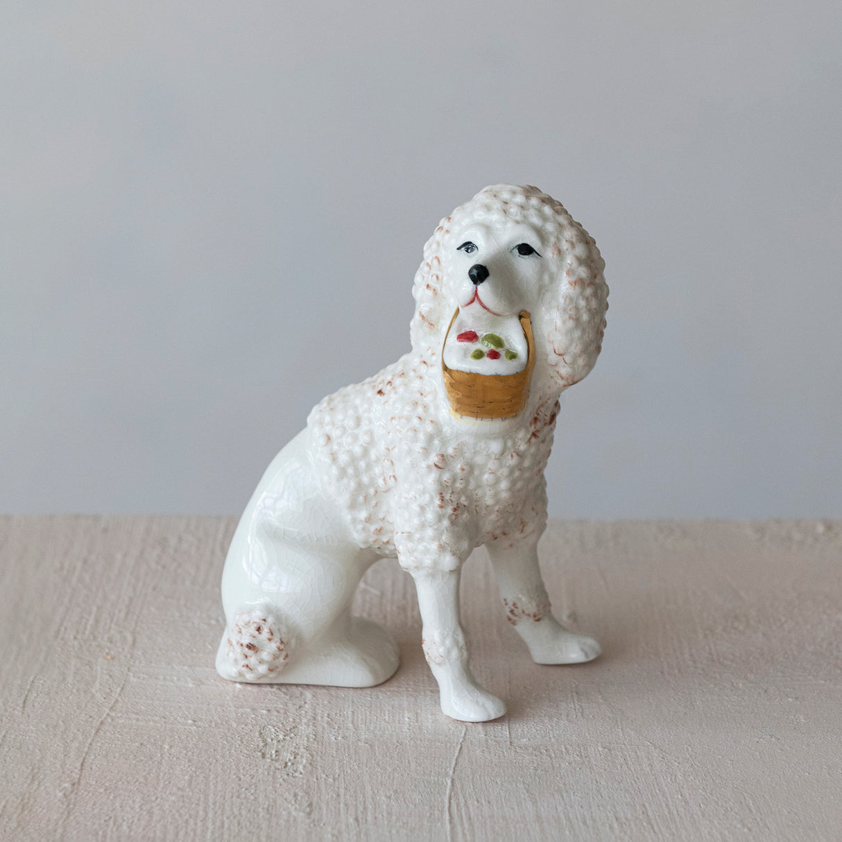 Staffordshire Vintage-Inspired Poodle Figurine with Basket