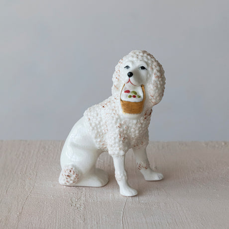 Staffordshire Vintage-Inspired Poodle Figurine with Basket