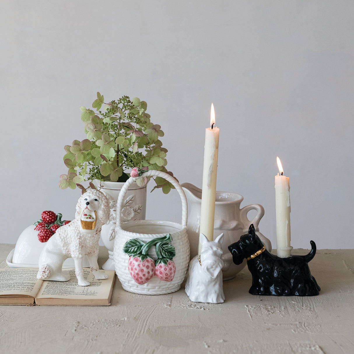 Staffordshire Vintage-Inspired Poodle Figurine with Basket