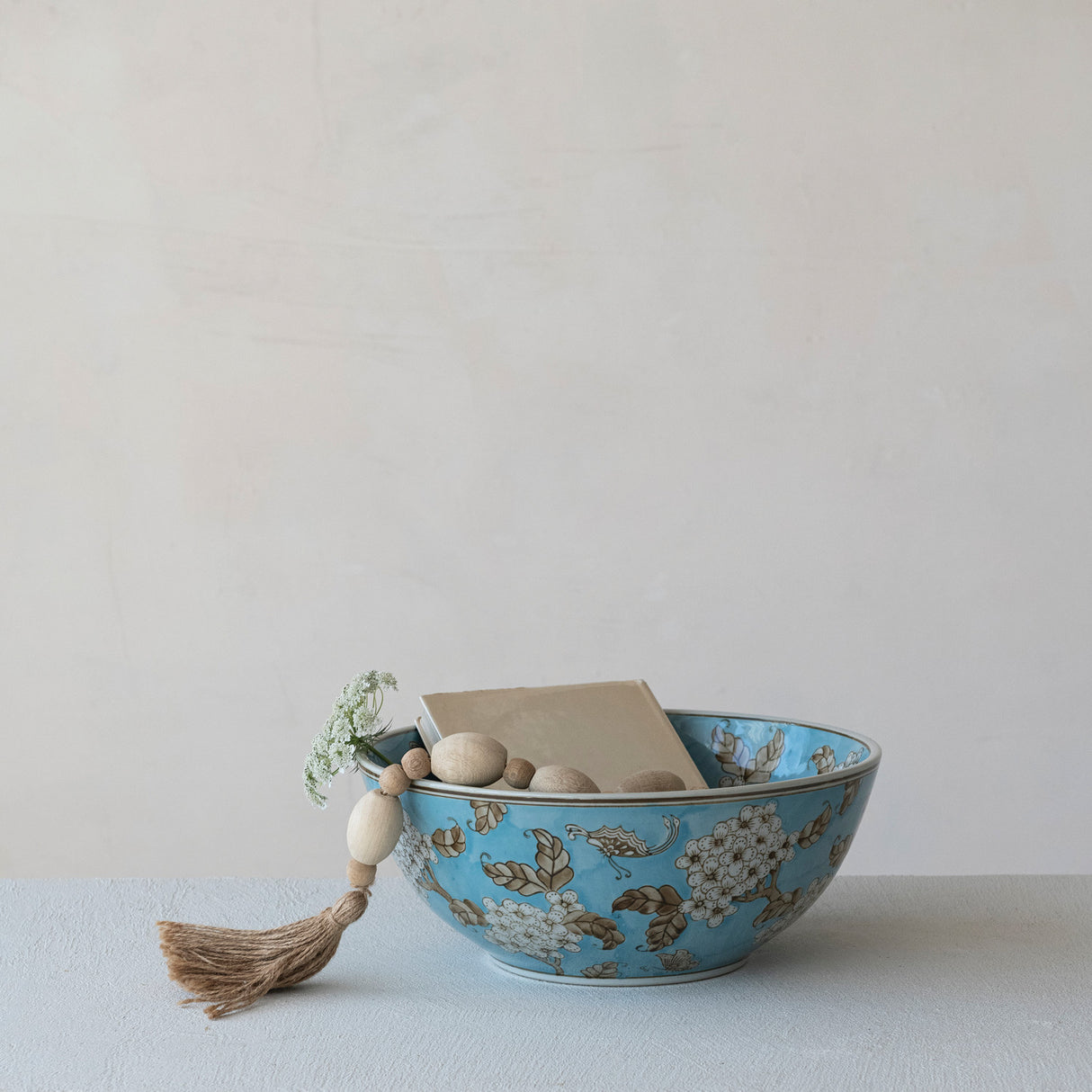 Cherry Blossom Hand-Painted Blue Ceramic Serving Bowl