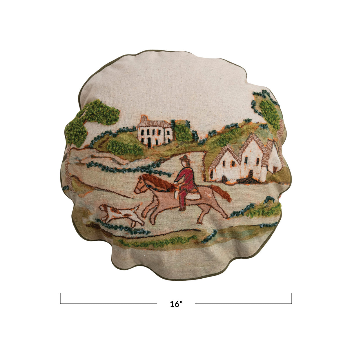 Round Embroidered Countryside Hunting Scene Pillow
