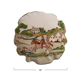 Round Embroidered Countryside Hunting Scene Pillow