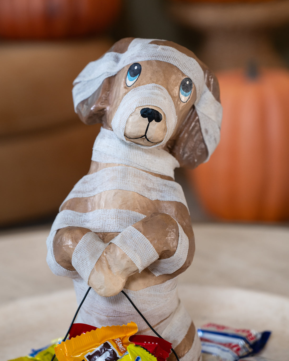 Mummy Puppy Paper Mache Candy Bucket