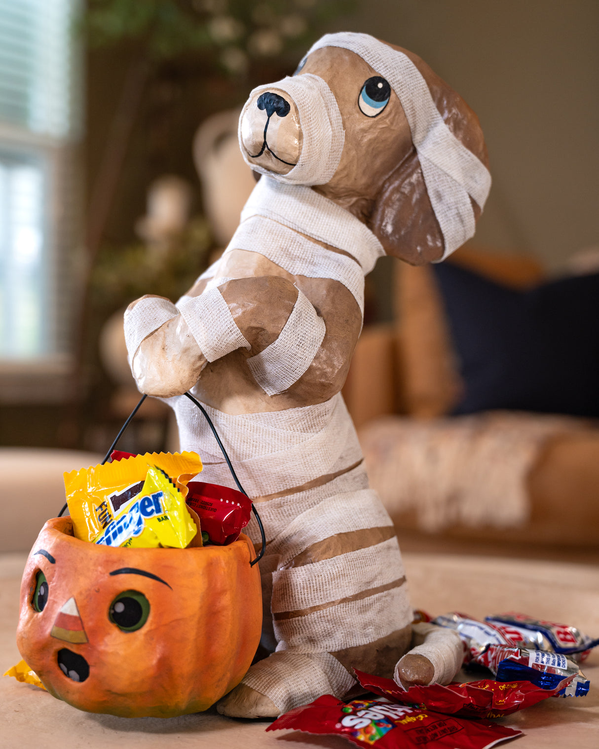 Mummy Puppy Paper Mache Candy Bucket