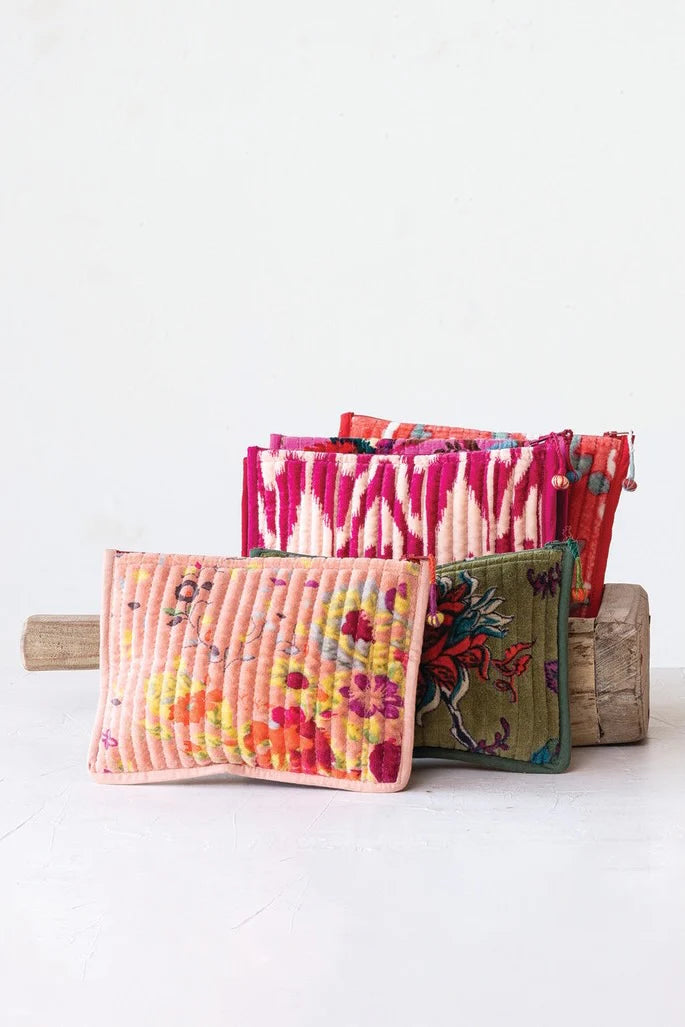 Quilted Velvet Flat Zipper Pouch with Vibrant Pattern