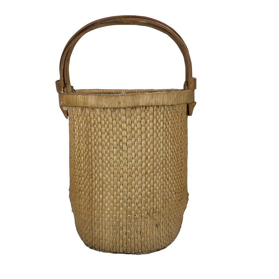 Vintage Chinese Tall Handle Woven Wicker Basket