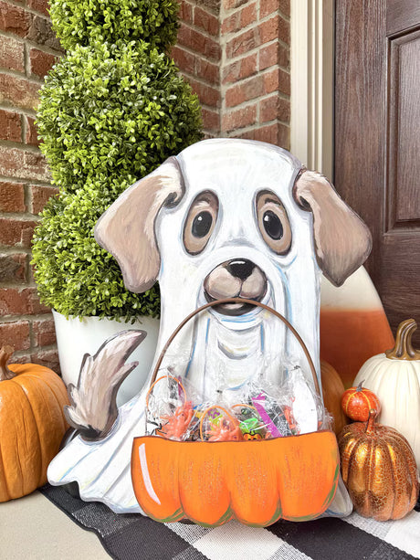 Large Ghost Puppy with Trick-or-Treat Basket Metal Stake Sign