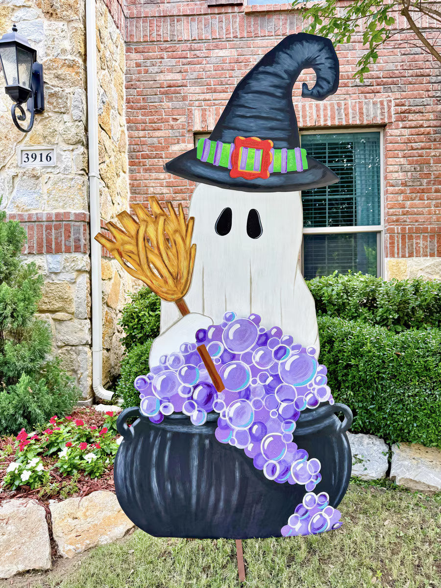 Giant Ghost Witch with Cauldron Standing Metal Sign