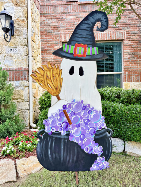Giant Ghost Witch with Cauldron Standing Metal Sign