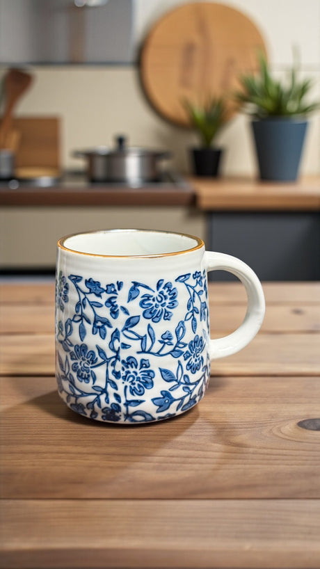 Blue Chinoiserie Hand-Stamped Ceramic Coffee Mug