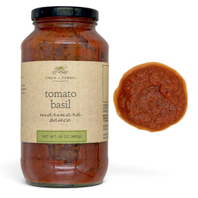 Finch + Fennel Tomato Basil Marinara Sauce in a 24 oz glass jar